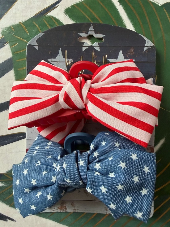 Accessories - Patriotic Bow Hair Claw Clip Set Red White Blue Stars Stripes